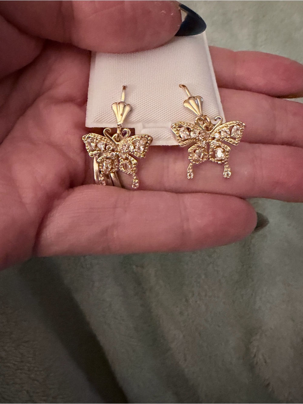 Gold CZ Butterfly Leverback Drop Earrings Unworn
